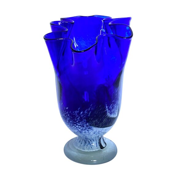 Mduca Cobalt Blue Art Glass Handkerchief Ruffle Edge Hand Blown Vase 10in Tall - Picture 2 of 12